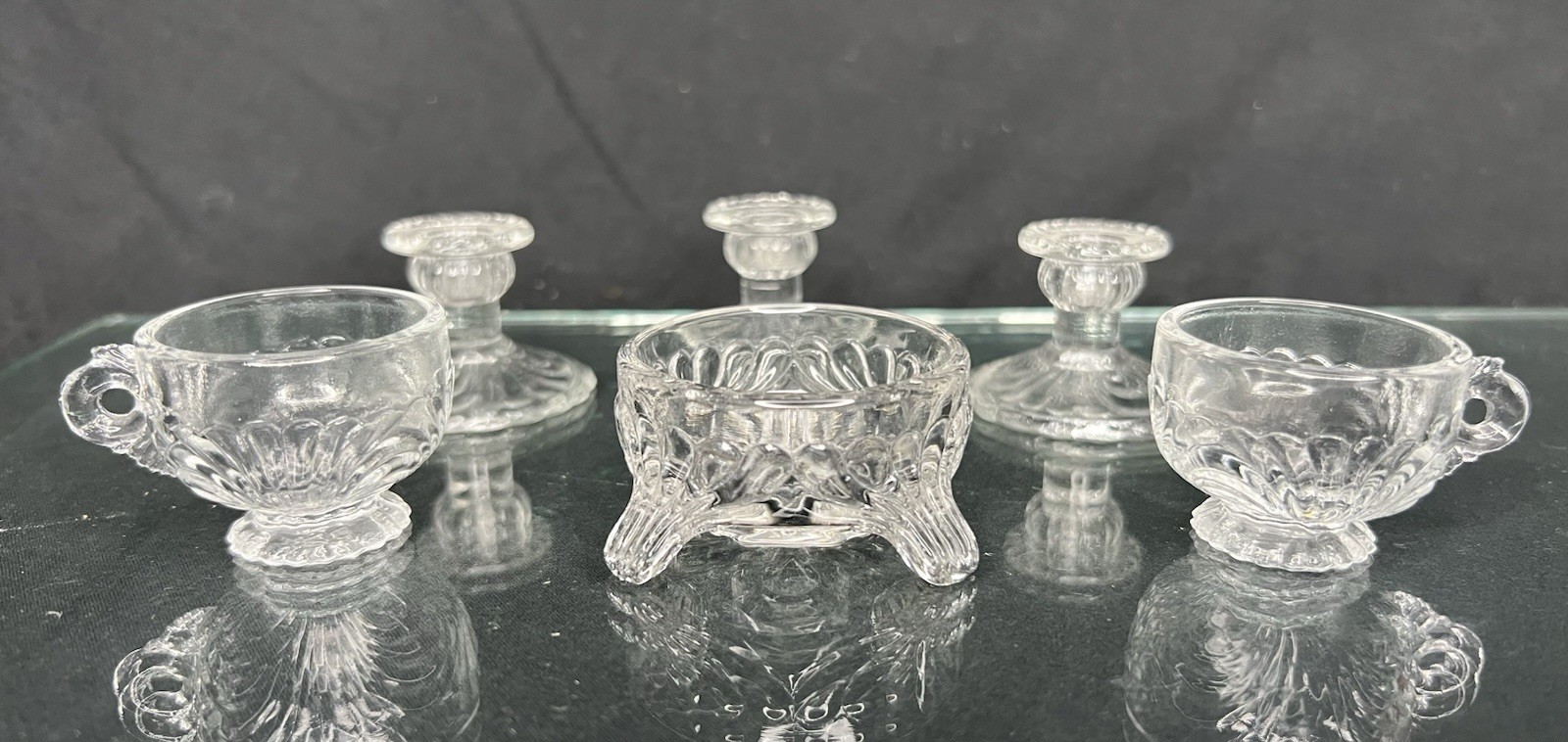 Vtg Mini 5pc Set Cambridge Caprice Clear Glass Individual Cups Candlesticks Bowl