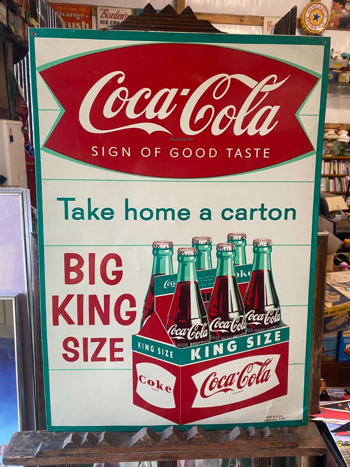 Vintage 1960 RARE MINTY NOS Coca-Cola KING SIZE Carton Metal Sign 28\