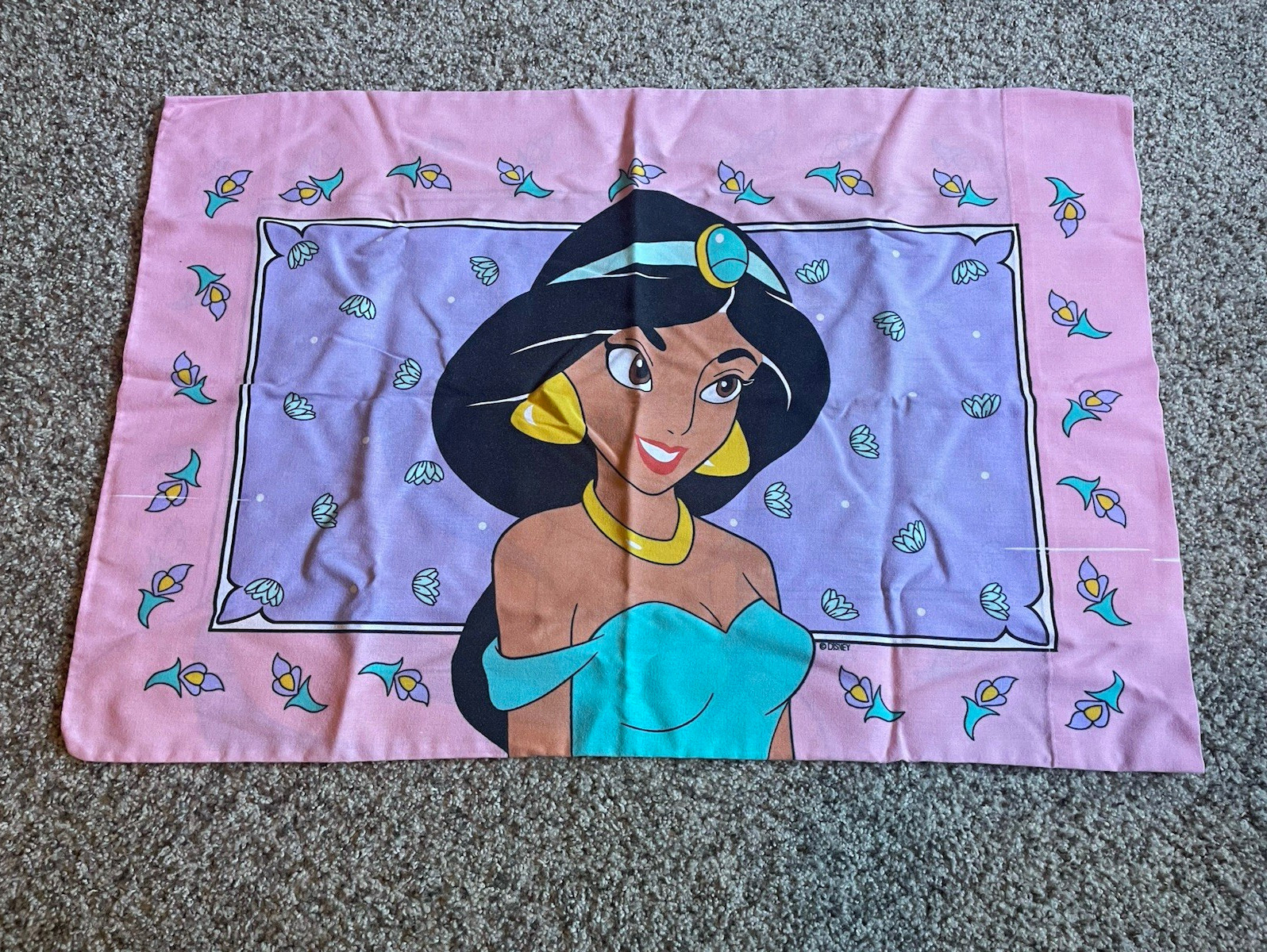 Vintage Disney Aladdin Princess Jasmine & Rajah Pink Purple Pillowcase