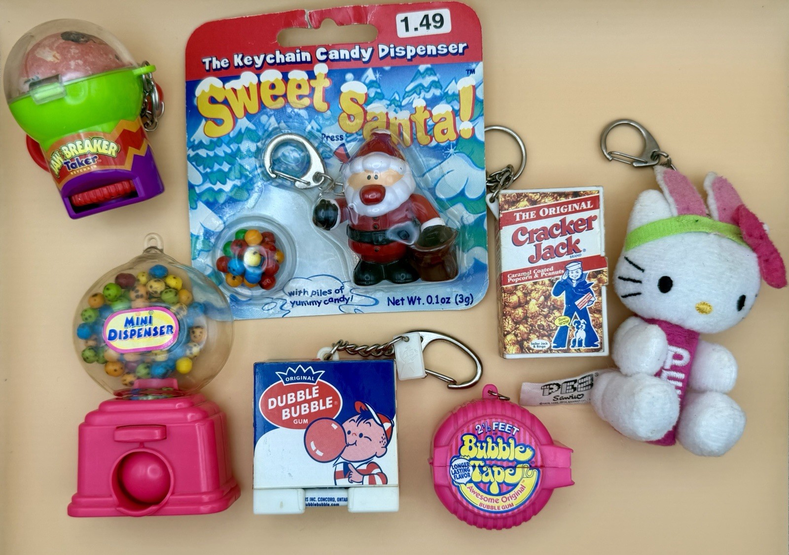 Vintage Candy Keychain Lot 1999 Y2K Dubble Bubble Cracker Jack Hello Kitty