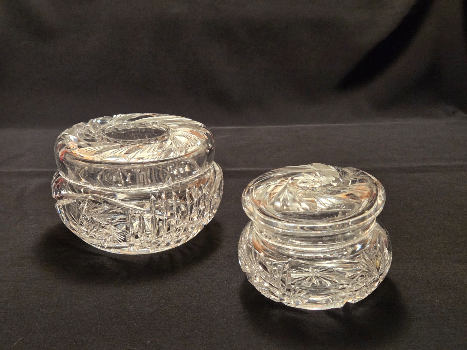 AMERICAN BRILLIANT CUT CRYSTAL VANITY DRESSER JARS, TRINKET BOX, HAIR RECEIVER