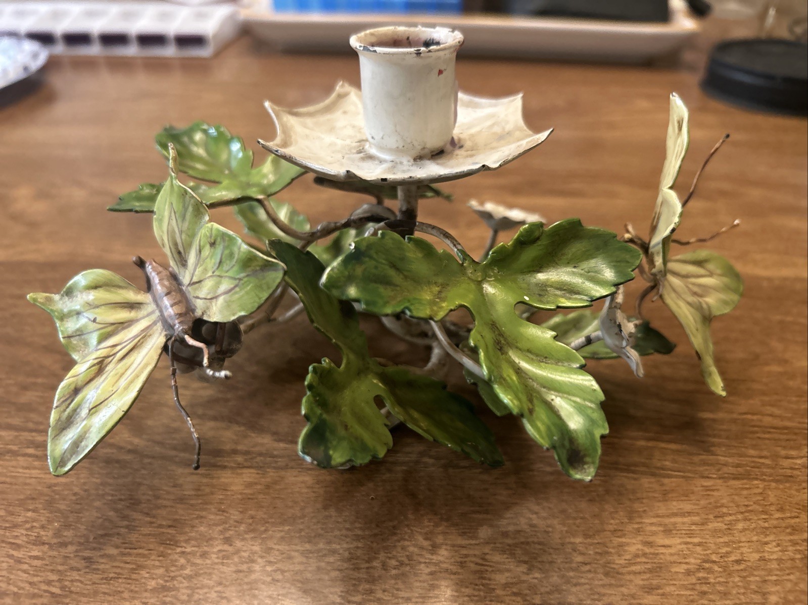 Vintage Italian Tole Toleware Candle Painted Holder Flowers Leaves. Italy