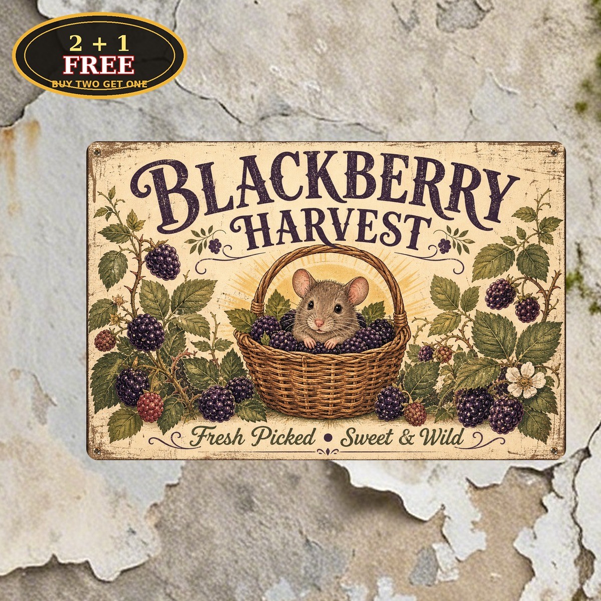 Mouse in Blackberry Basket Harvest Vintage Typography Retro Metal Tin Sign Art