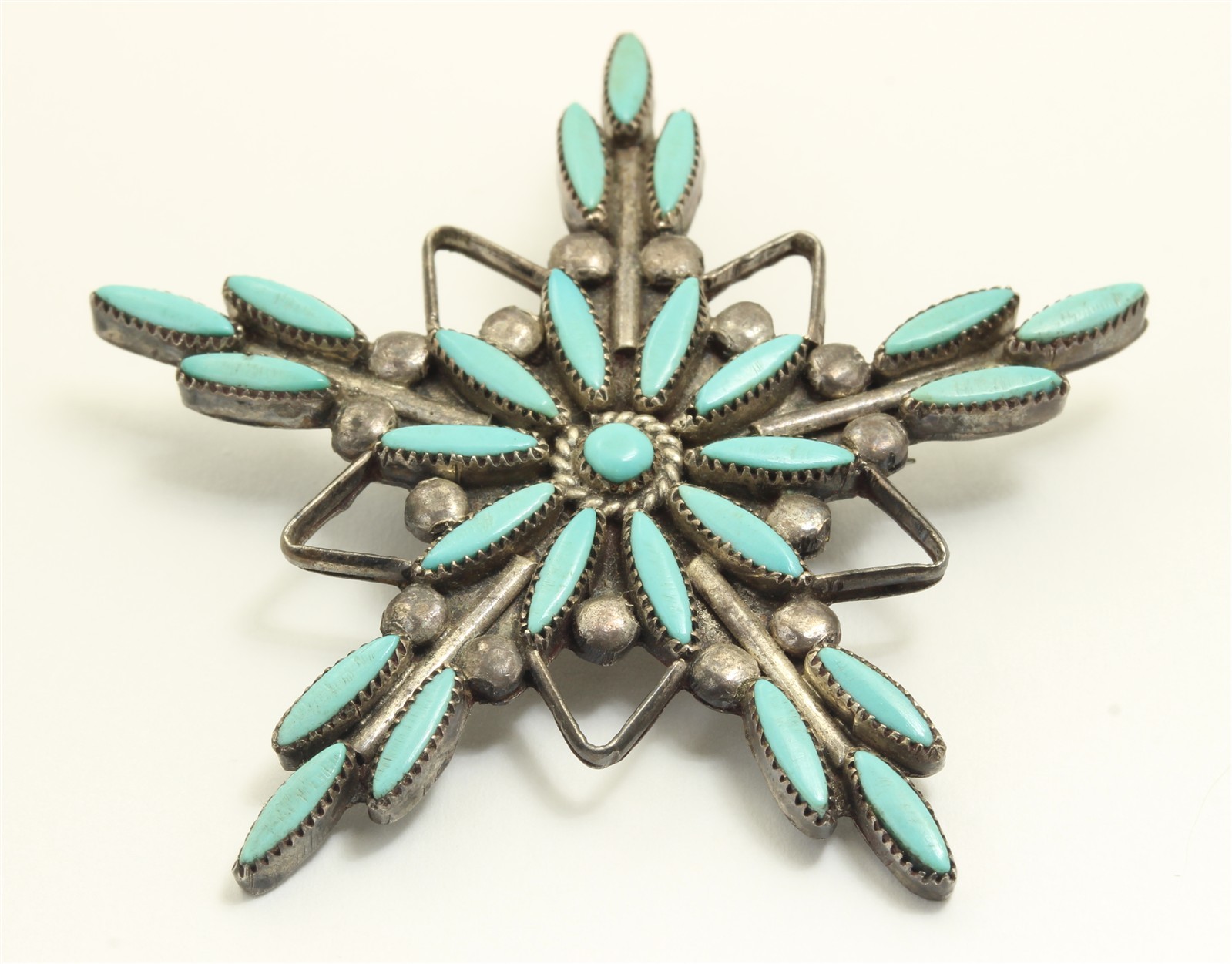 Vintage Zuni SIGNED Sterling Silver Needlepoint Turquoise Cluster Brooch Pin