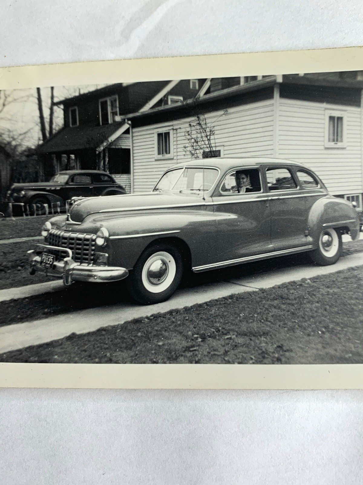 1948 B&W Photo classic car Dodge D-24 Custom sedan Mopar cute lady headscarf