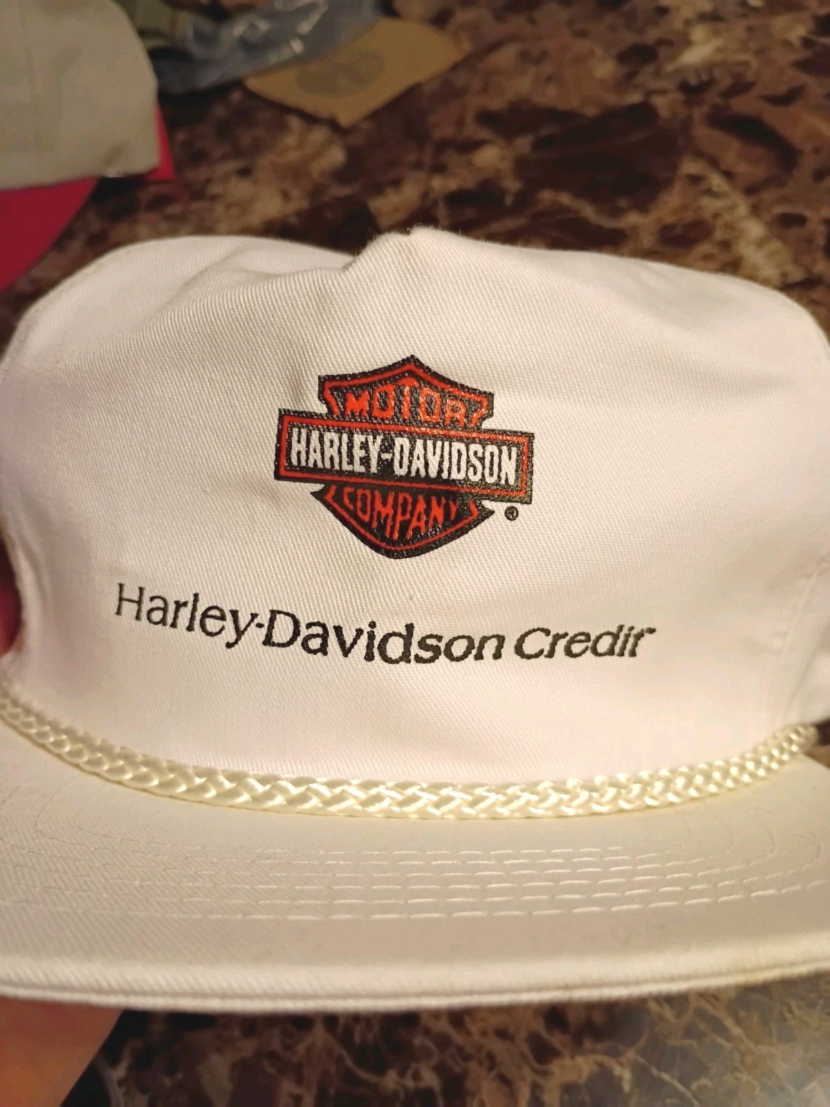 VTG 80s 90s Harley Davidson Credit Rope Hat White San Sun Slide Lock Cap Taiwan