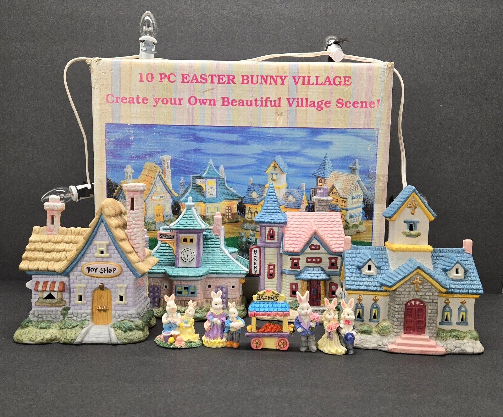 Vintage 9 Piece Easter Bunny Village Ceramic Shop Church Station Bakery Light