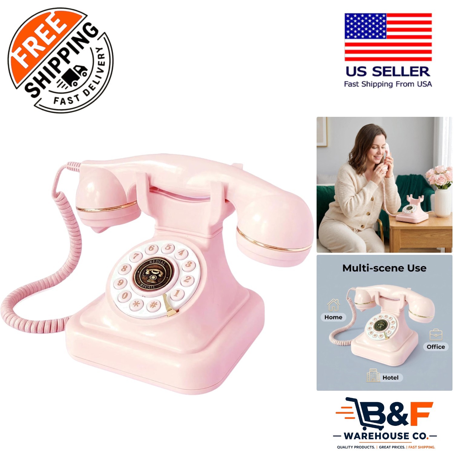 Vintage Pink Desktop Telephone with Adjustable Ringer - Home & Office Use