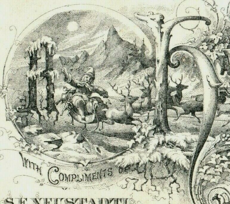 1875 Engraved New Year\'s Card Moon Night Santa Claus Reindeer Sleigh P219