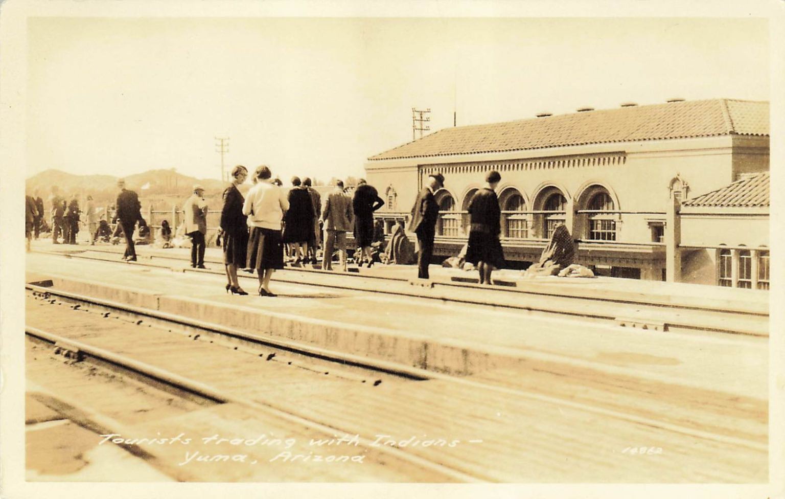 Rppc Yuma Arizona Tourists Trading Indians Train Station 1920s Vintage Postcard