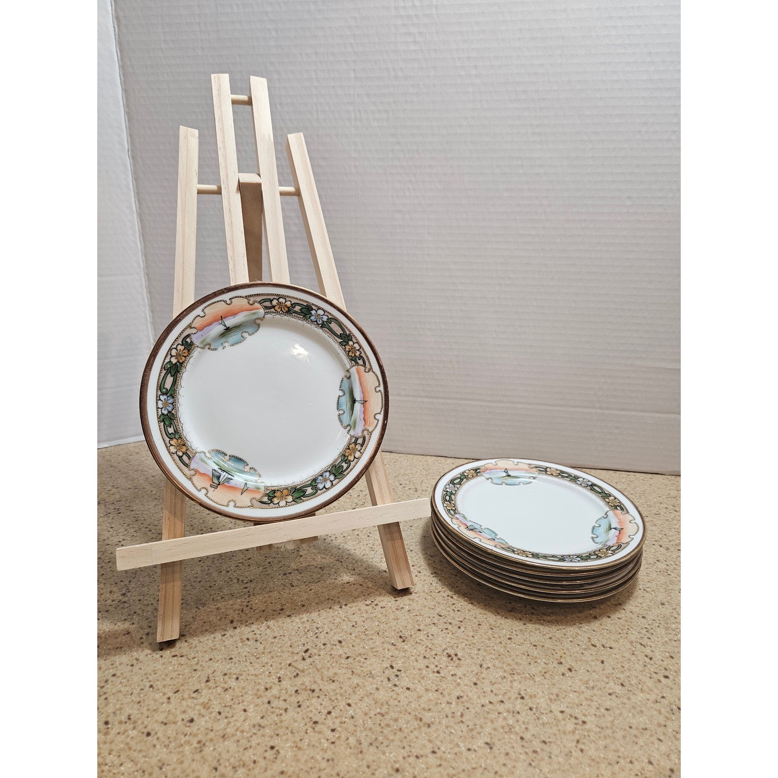 Vintage 1910 Nippon Hand Painted Porcelain Plates Set of 6 Sailboat Moriage