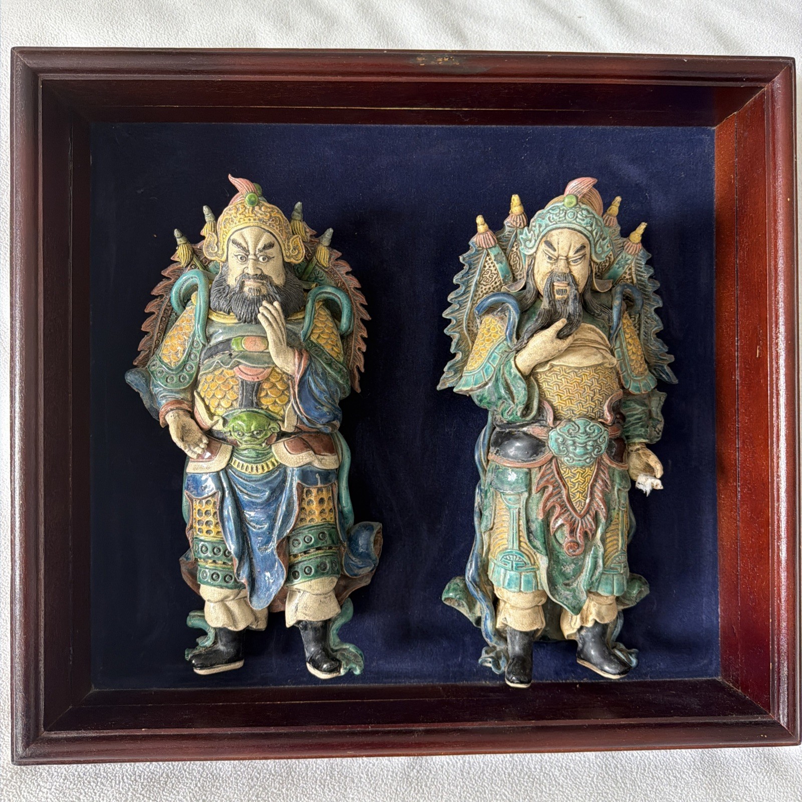 Superb Pair Chinese Warriors Roof Tiles Framed Wooden Frame 20”x18”