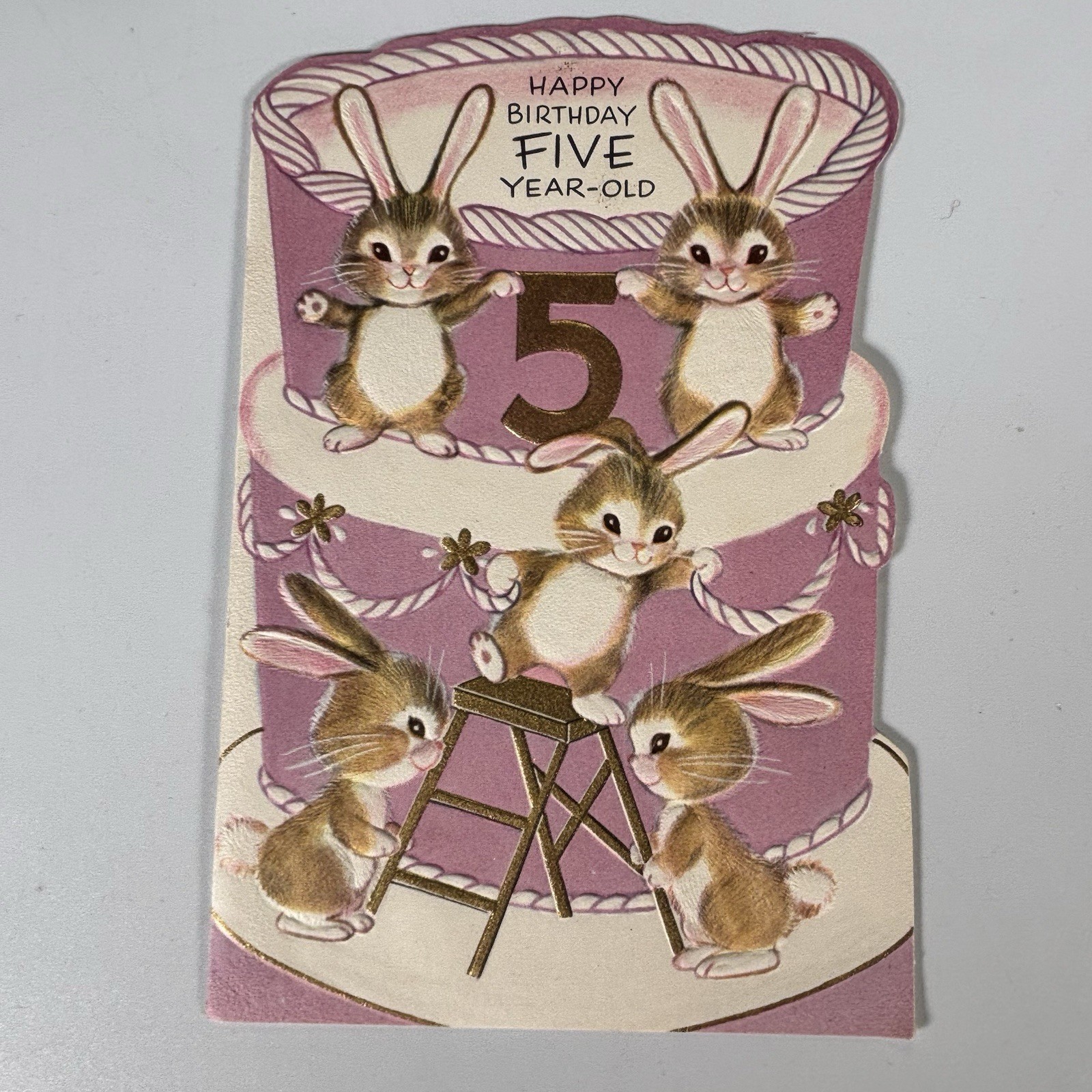Vintage Rust Craft 5th Birthday Card Bunnies Cake Embossed Cute Anthropomorphic