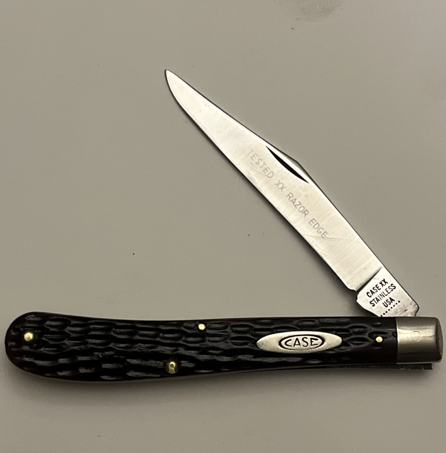 Case XX Stainless Usa 61048  Redbone  1971 Etched Blade Slim Line Trapper NICE