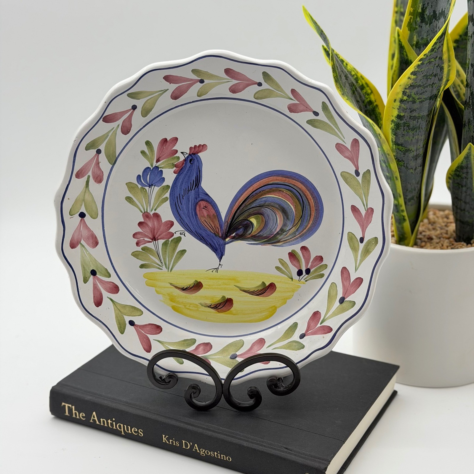 Vintage Portugal Hand Painted Ceramic Blue Rooster Scalloped Plate Pie or Quiche