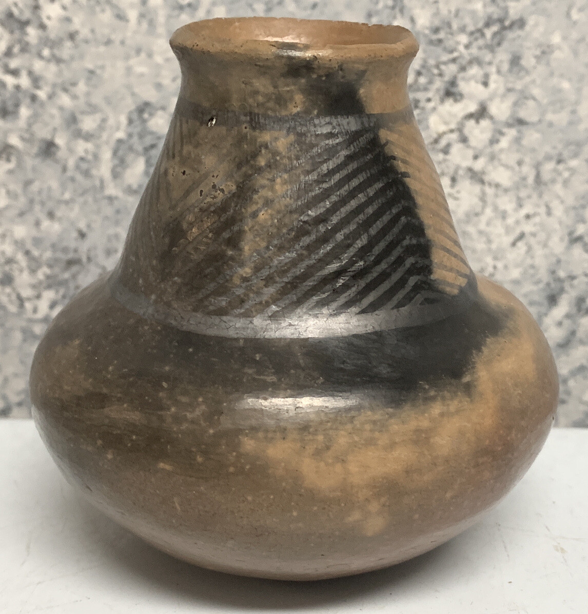 Vintage Pottery Micaceous Art Vase Hand Painted Neck Oval Bottom Signed