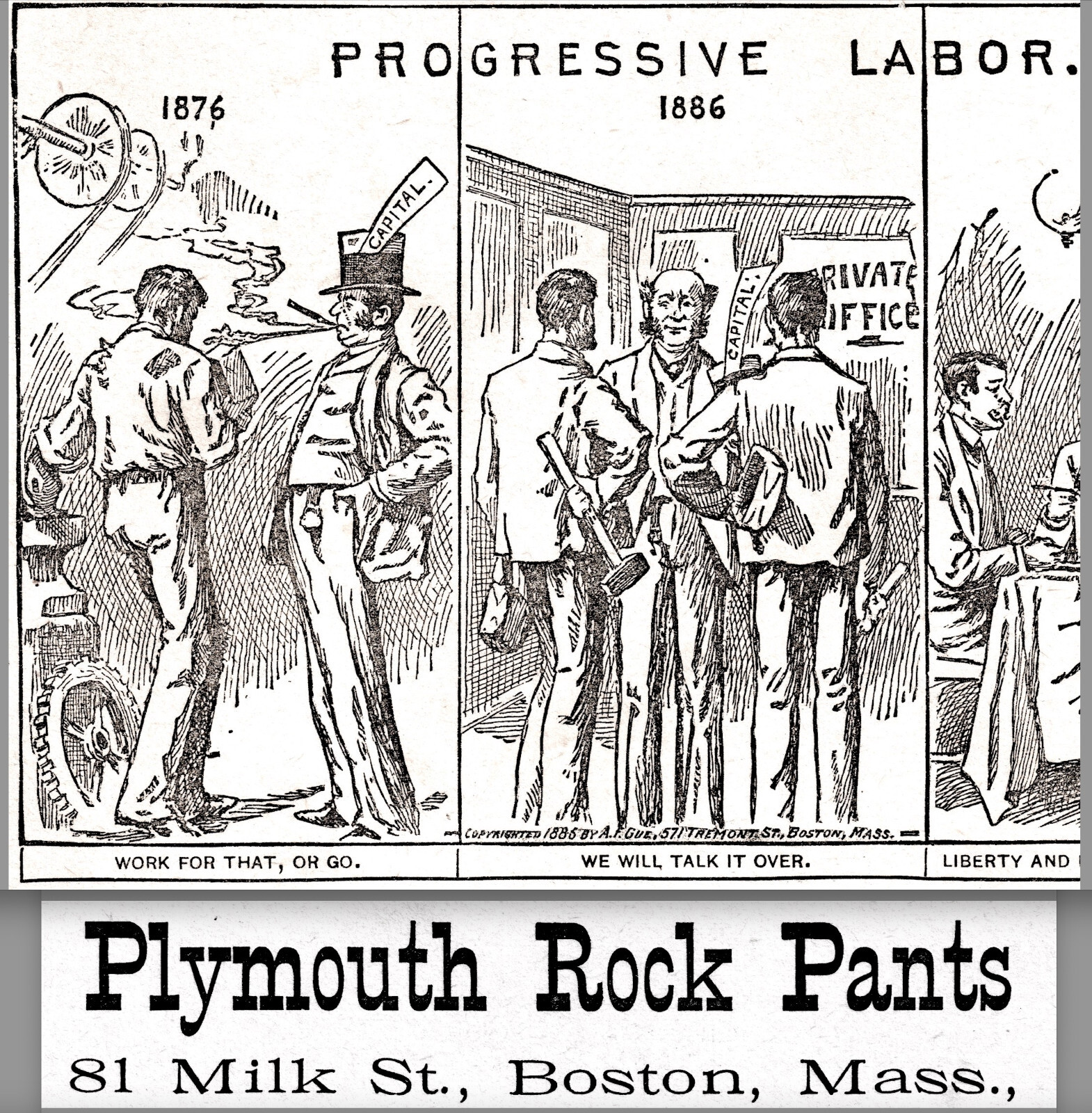 Political  RARE 1886 Progressive Labor vs Capital Plymouth Rock Pants Trade Card