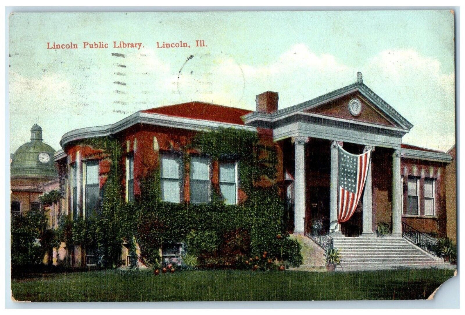 1908 Lincoln Public Library Exterior Building Lincoln Illinois Vintage Postcard