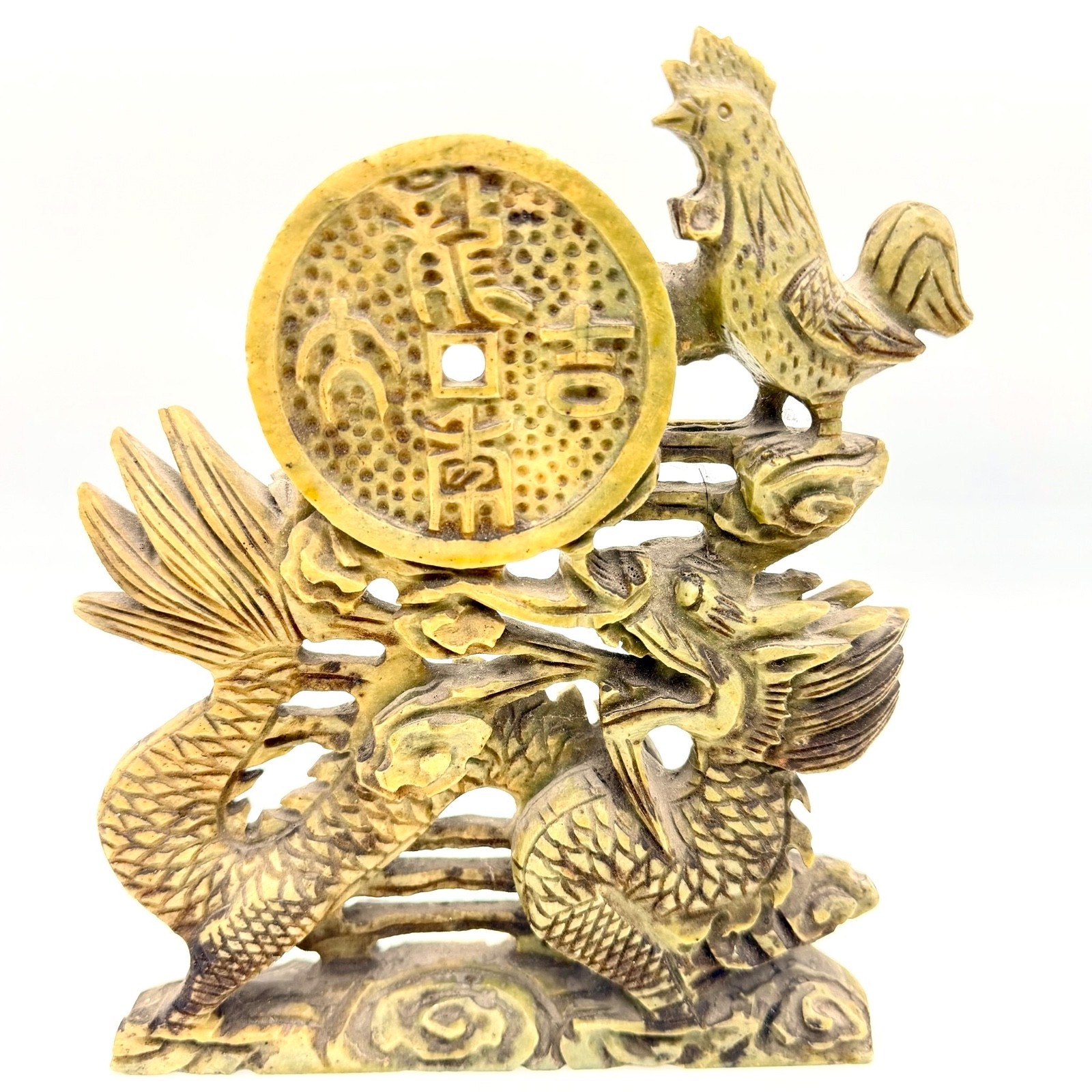 VTG Chinese Soapstone Dragon Phoenix Rooster Coin Openwork Carving Feng Shui Art VTG Chinese Soapstone Dragon Phoenix Rooster Coin Openwork Carving Feng Shui Art