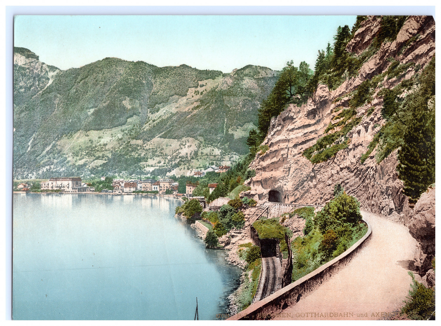 Switzerland, Lake Lucerne, fountain, Gotthard railway and Axenstrasse photochrome Switzerland, Lake Lucerne, fountain, Gotthard railway and Axenstrasse photochrome