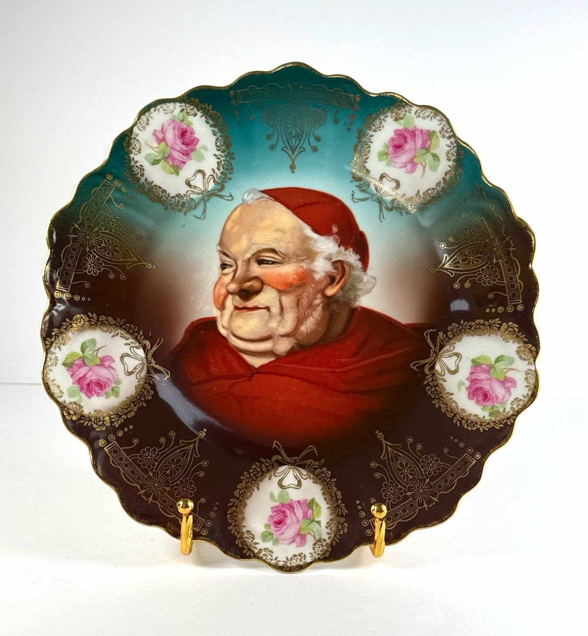 Antique Z.S.&C. Bavaria Punch Friar Monk Portrait Cabinet Plate Gold Roses 10”