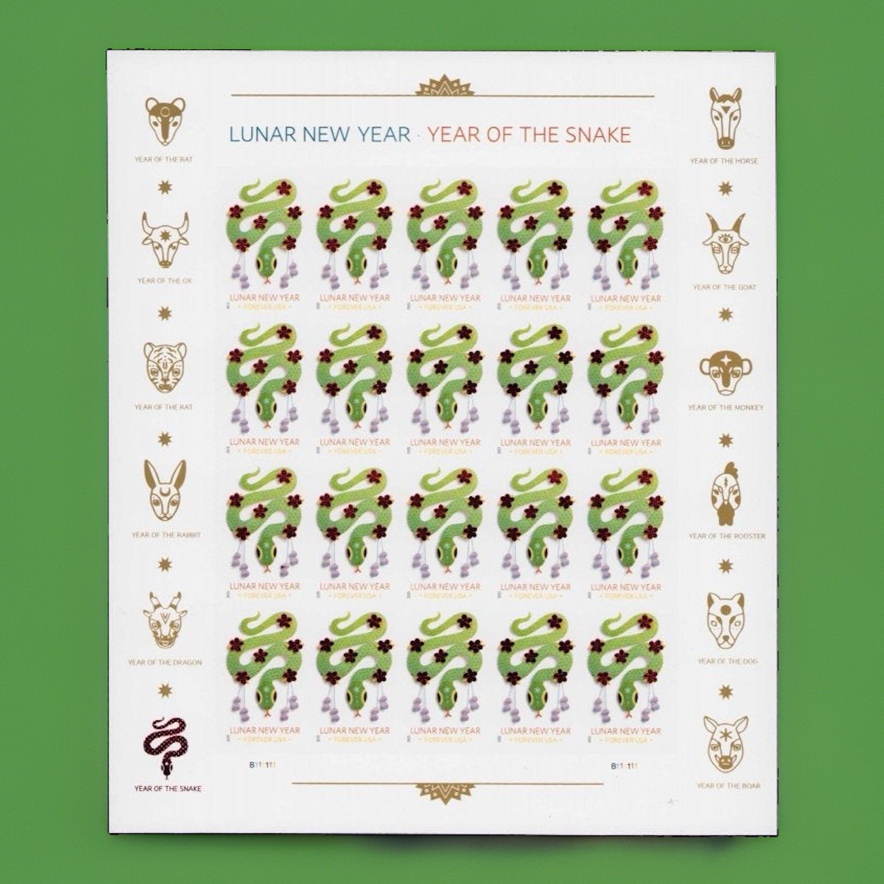2025 USPS SHEET OF 20 FIRST CLASS LETTER STAMPS LUNAR NEW YEAR- SNAKE 82¢