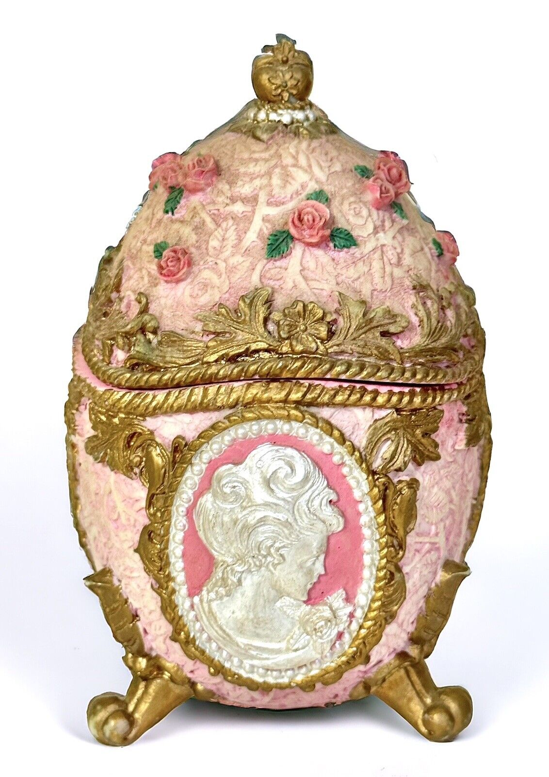 Egg Trinket Music Box Pink Floral Cameo Jewelry The Rose Decor 5” Mcm Vintage