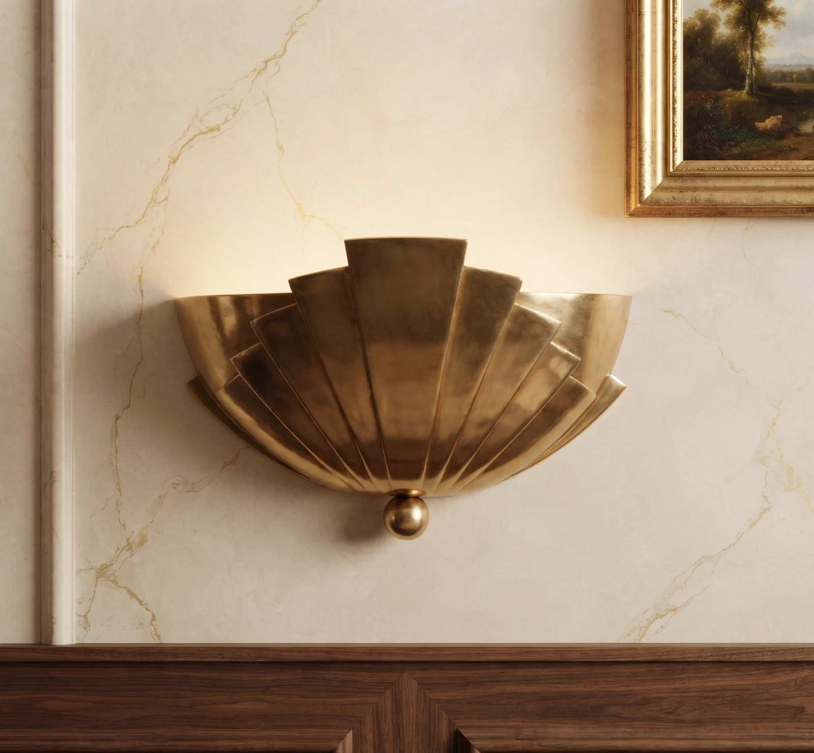 Art Deco Sunburst Shell Wall Lamp Mid Century Modern Brass Sconce Vintage Wall