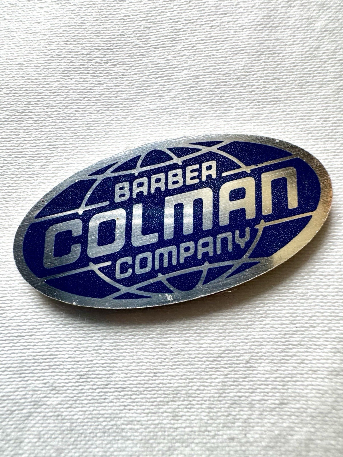 Vintage Barber Colman Company Oval Silver Blue Metal Globe Logo 1.5”