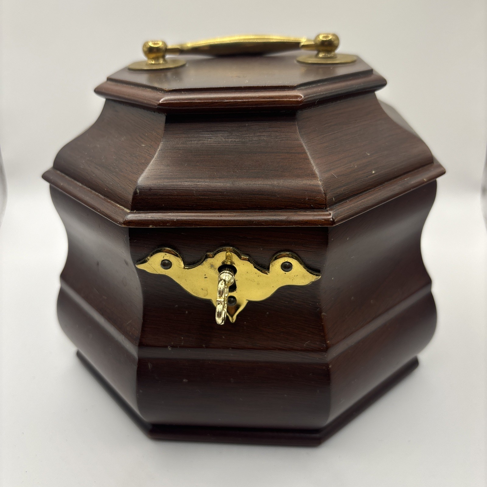 Vintage Octagon Mahogany Wooden Storage Box Brass Handle Key Grandmillennial Vintage Octagon Mahogany Wooden Storage Box Brass Handle Key Grandmillennial