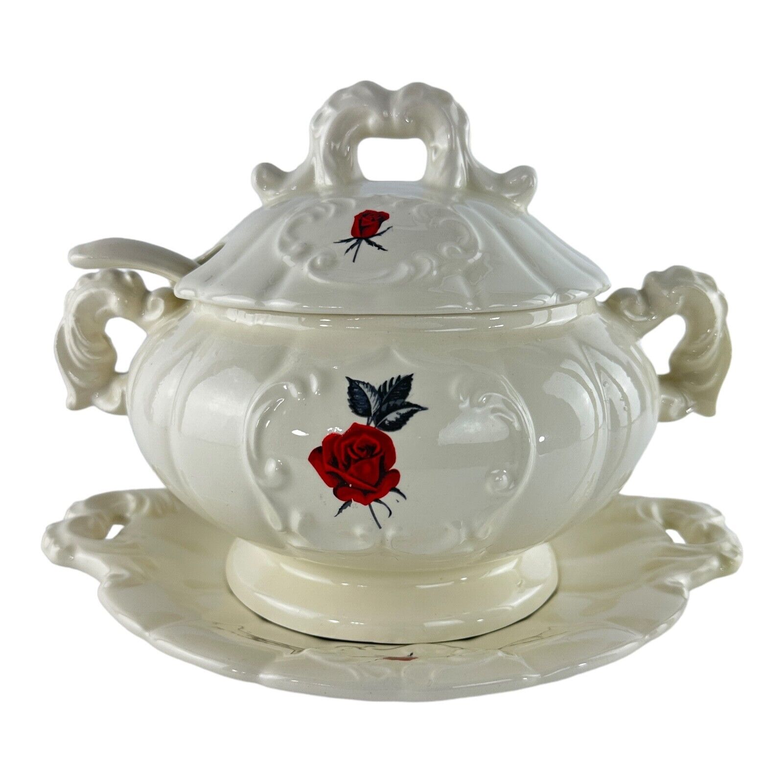 Vintage Cream Color Ceramic Soup Tureen with Underplate and Serving Spoon Roses