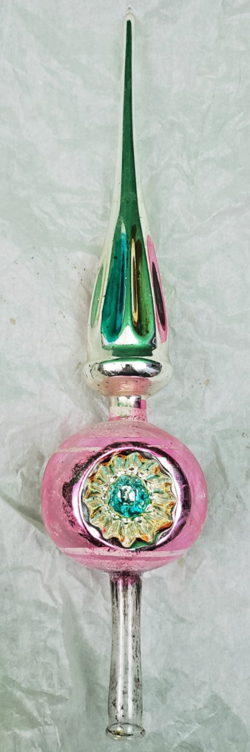 VINTAGE SHINY BRIGHT 3 INDENTS PINK MERCURY GLASS CHRISTMAS TREE TOPPER 12
