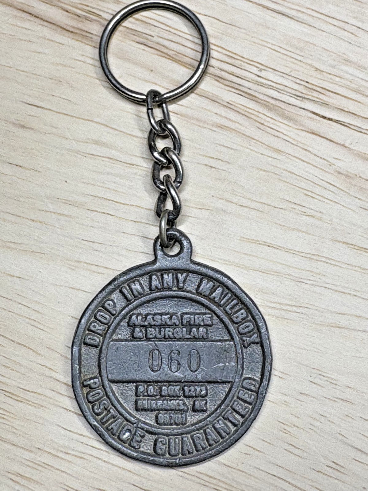 Vintage Fairbanks Alaska Fire & Burglar Round Metal Keychain ID# 060 postage gua
