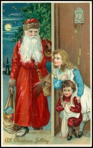 Long~Red Robe Santa Claus~ with Victorian Children~1910~ Christmas Postcard~h996