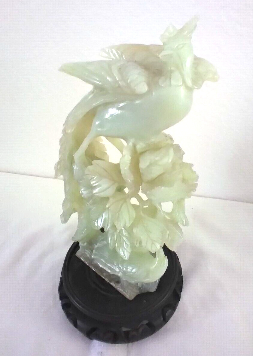 Chinese Handmade Translucent Green Jade Stone Phoenix 3 Birds Statue Figurine 9