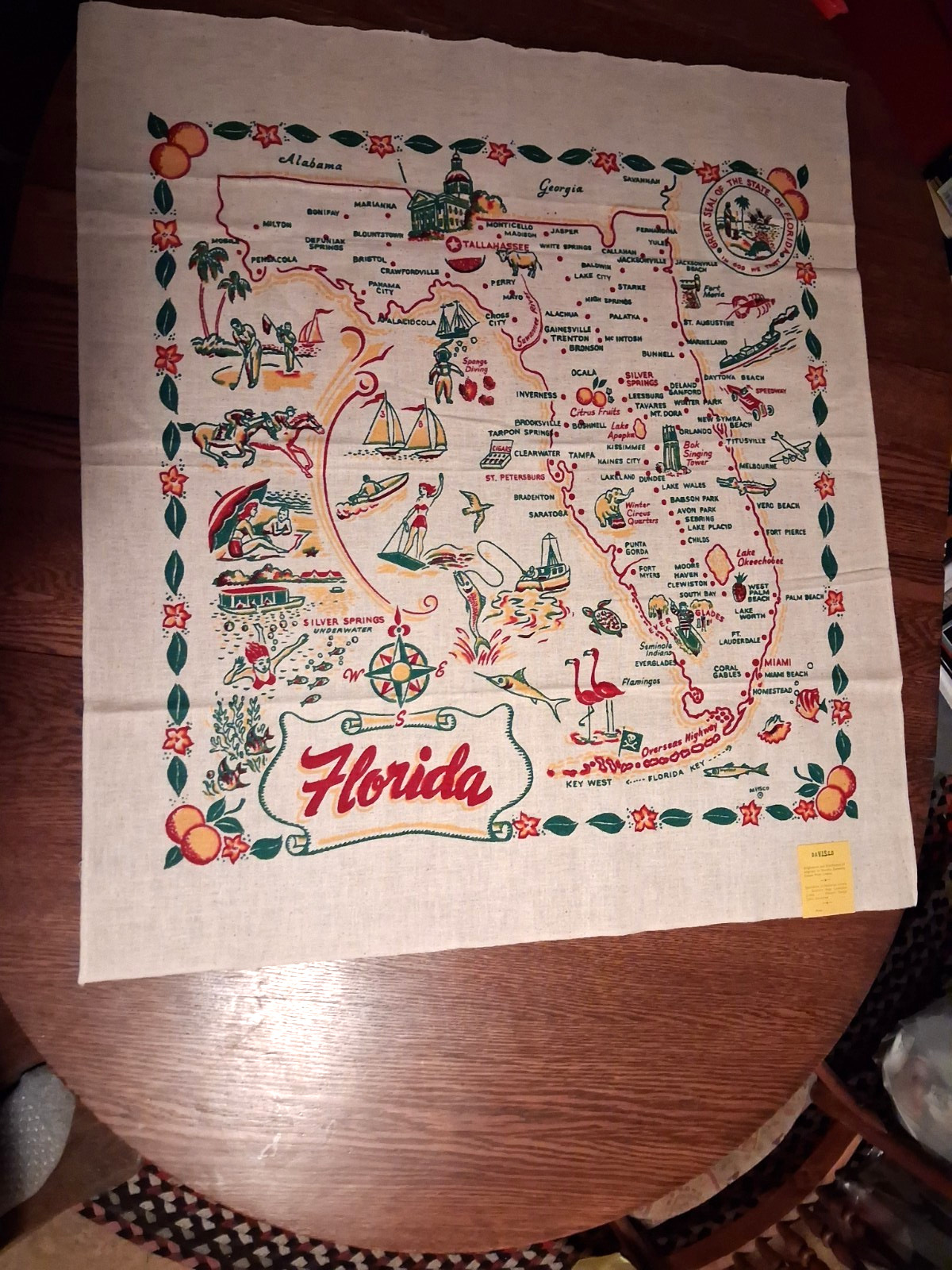 Vintage 1950s Davisco Map Souvenir Florida Tablecloth Cactus Cloth Scarce MINT