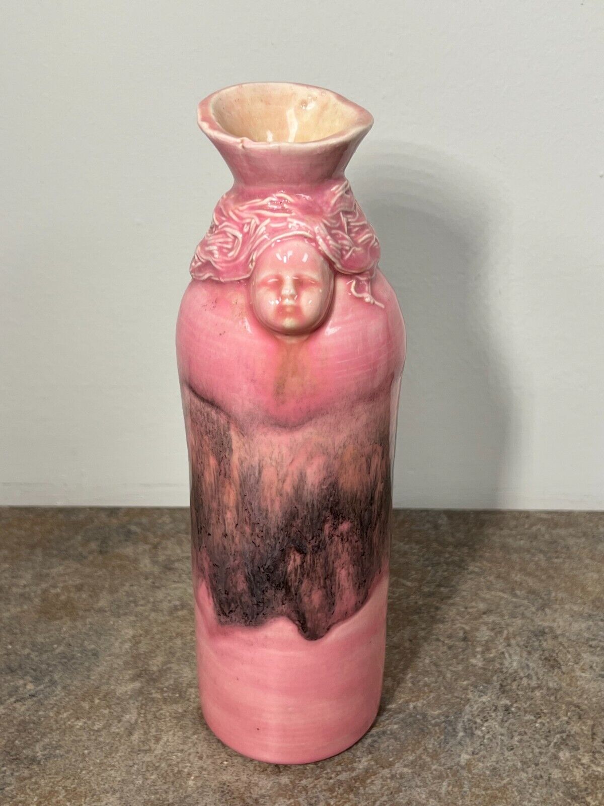 Very Unique Vintage Pink Art Nouveau Face Vase 10 Inch