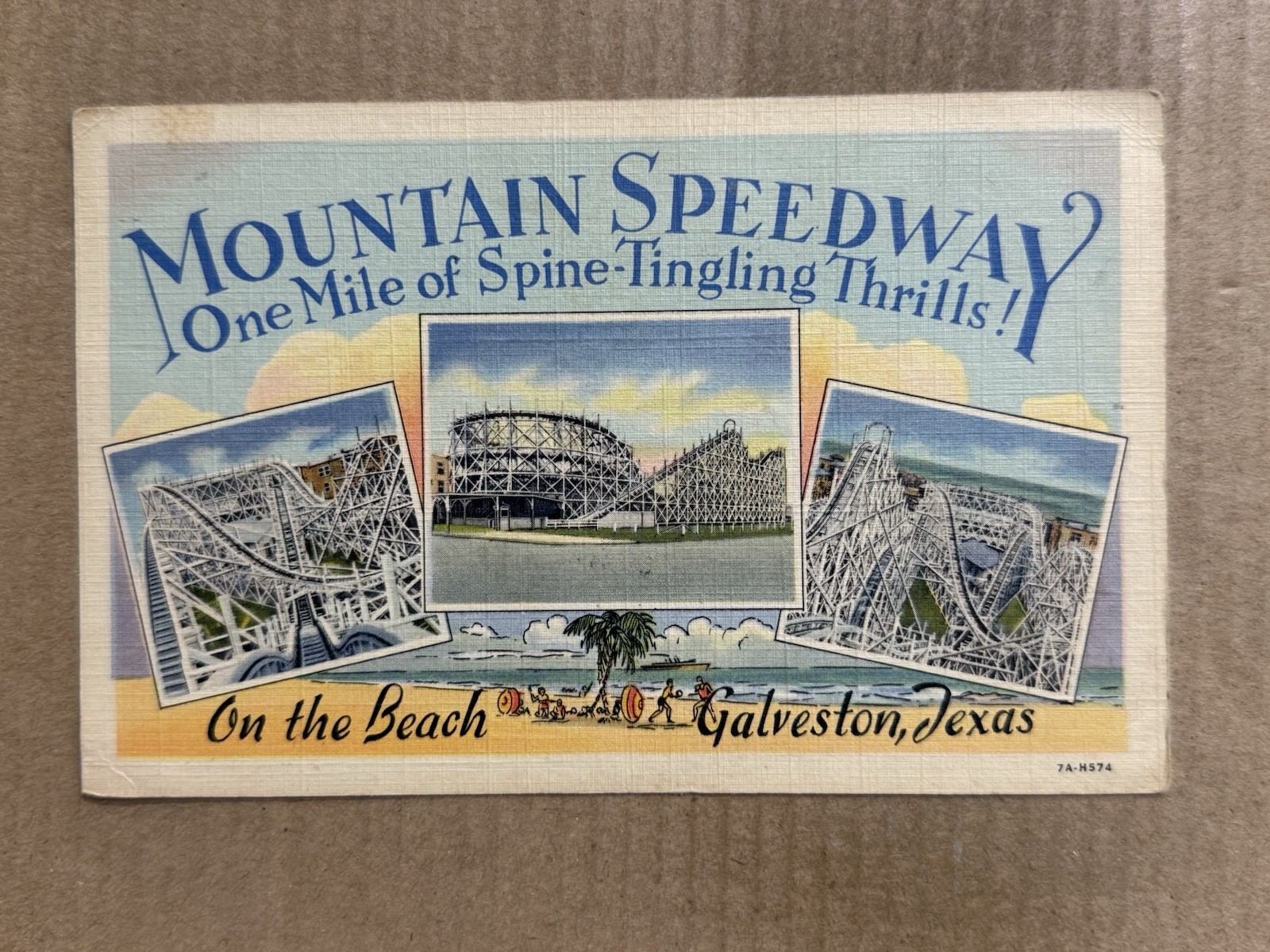 Postcard Galveston TX Texas Mountain Speedway Amusement Park Roller Coaster