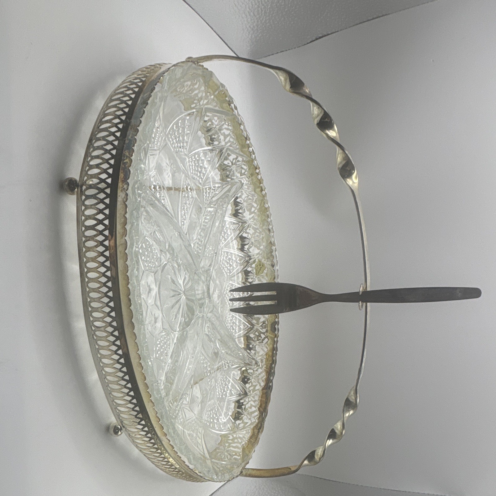 Glass Divided Relish Tray Silver Tone Basket Holder Handle Serving Fork