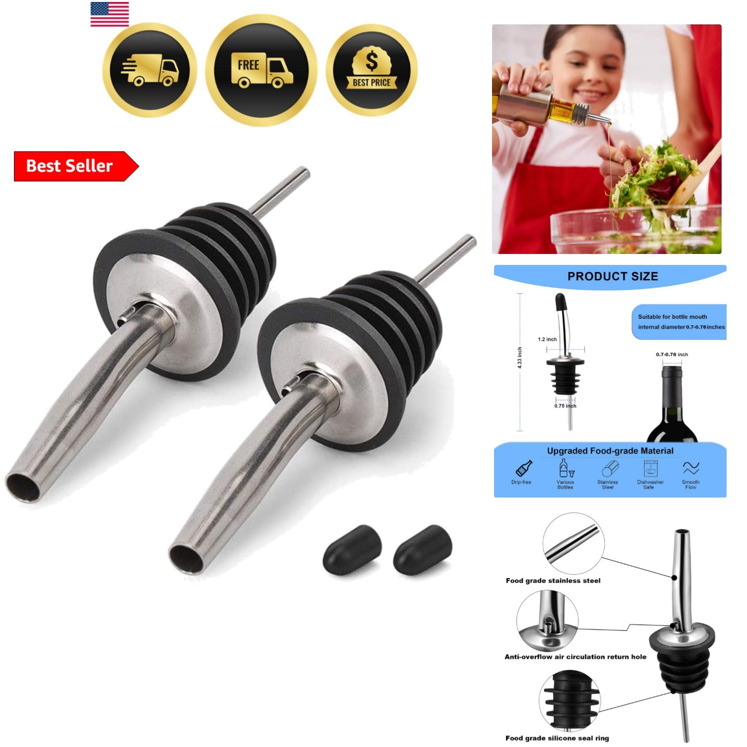 Stainless Steel Pourers Liquor Olive Oil Vinegar Spout 2pcs Leak Proof