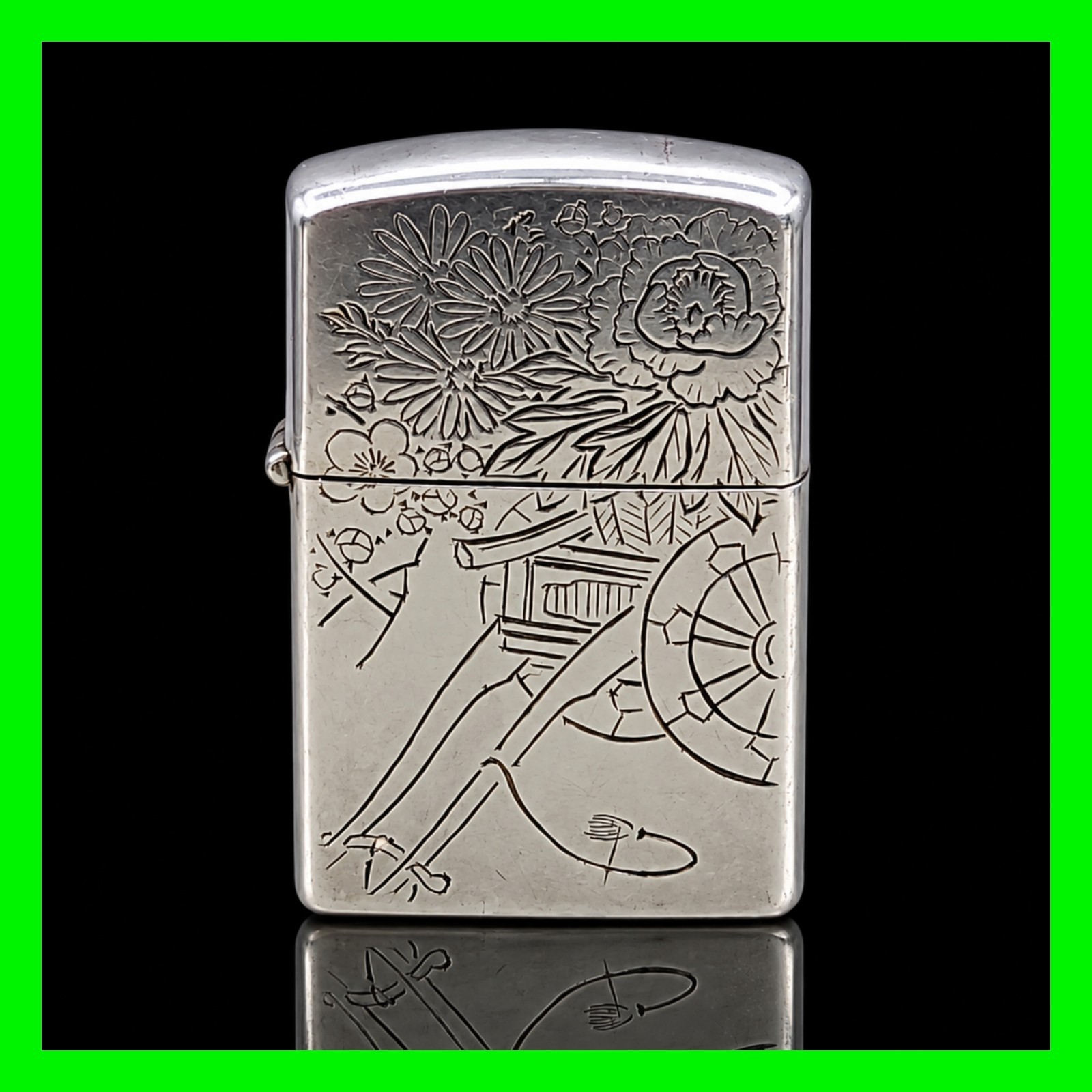 Vintage Sterling Engraved Japanese Design Lighter Case w/ Zippo Insert - Working