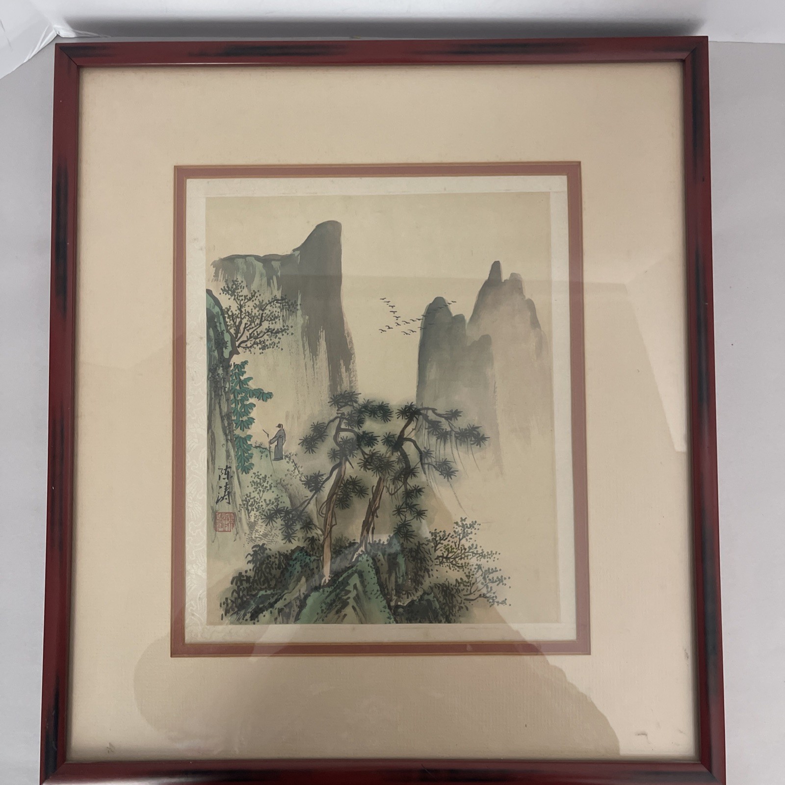 Vintage Asian Landscape Print Framed Chinese Mountain Pine Scene Wall Art 19x16