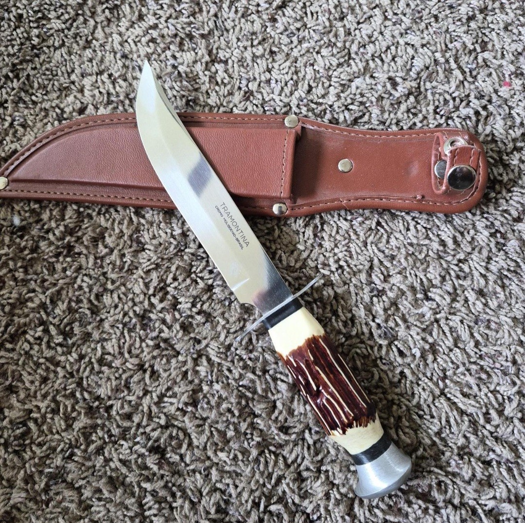Vintage Tramontina Stainless Steel Bowie Hunting Knife Faux Stag Handle