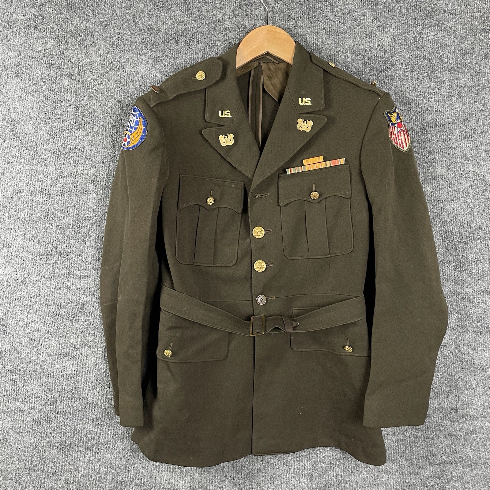 Vintage 1940’s WW2  US Army Jacket with patches, pins and pocket treasure 