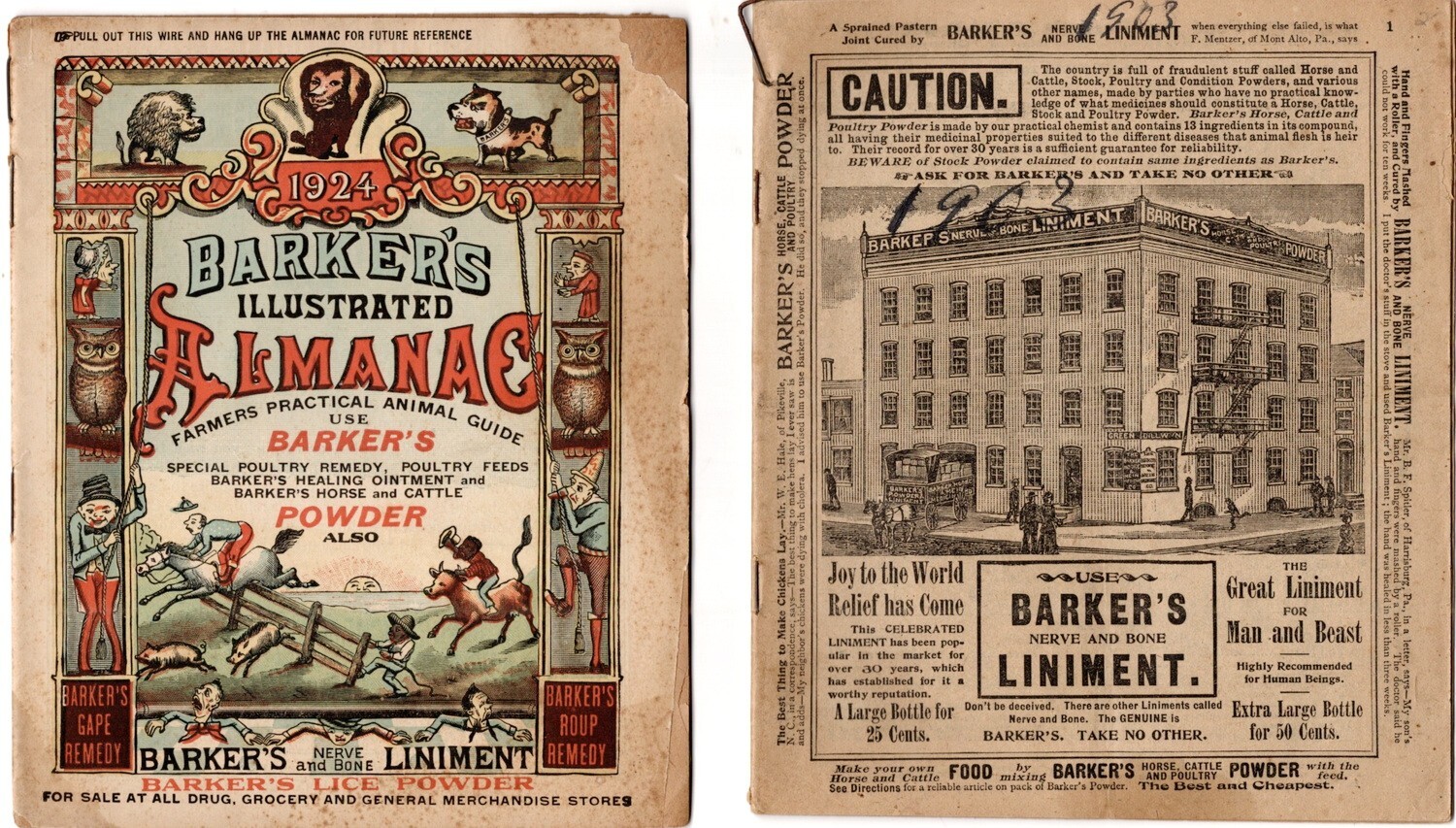 Antique 1903 & 1924 Barker's Illustrated Almanac, right side pages have cartoons