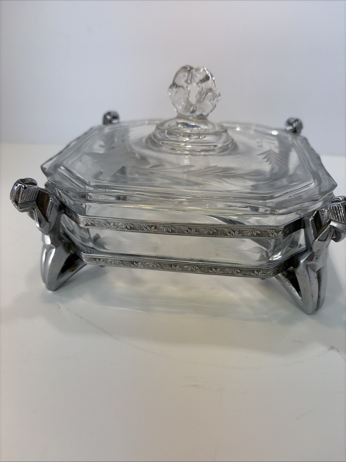 Art Deco Chrome Charlotte Kneeling 1930 Cambridge Glass W/lid Unmarked See Pics Art Deco Chrome Charlotte Kneeling 1930 Cambridge Glass W/lid Unmarked See Pics