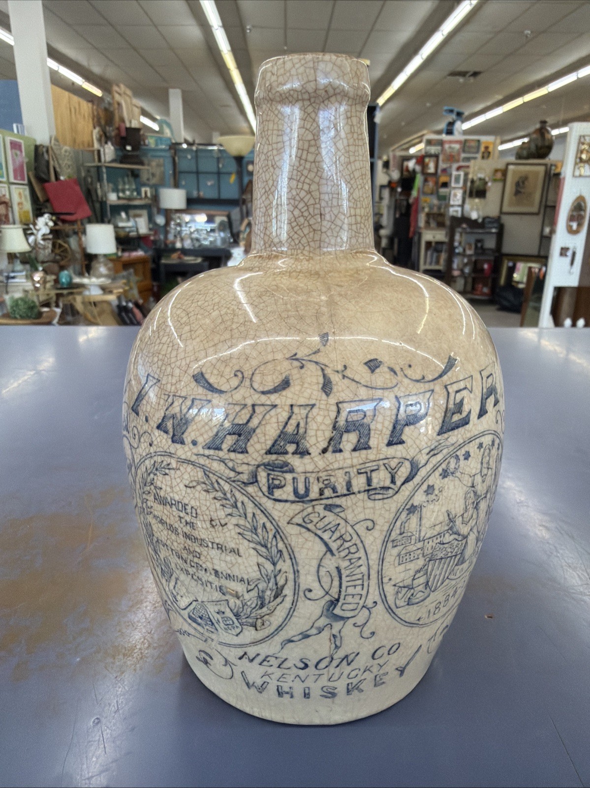 Rare Antique Harper Whiskey Jug Nelson County Kentucky New Orleans Blue White Rare Antique Harper Whiskey Jug Nelson County Kentucky New Orleans Blue White