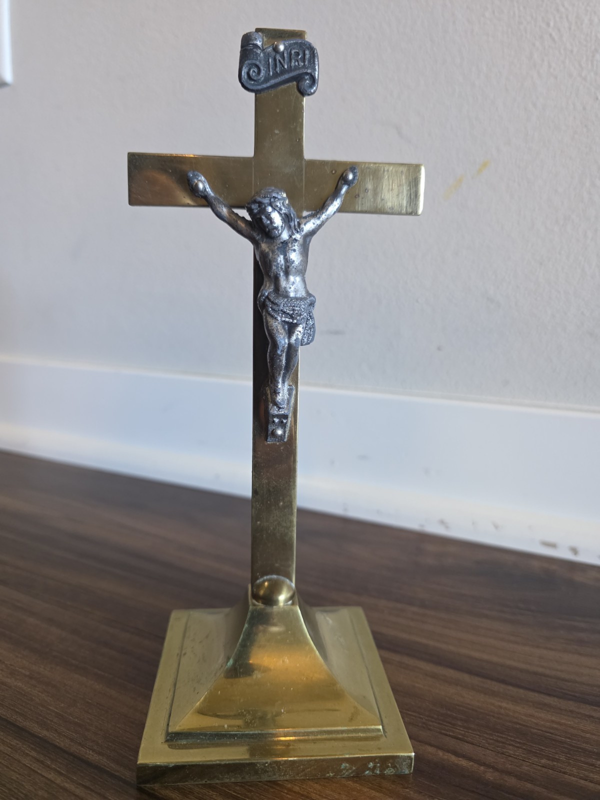 Antique Church Altar Jesus Cross,  Brass , Silver corpus Pedestal Crucifix 