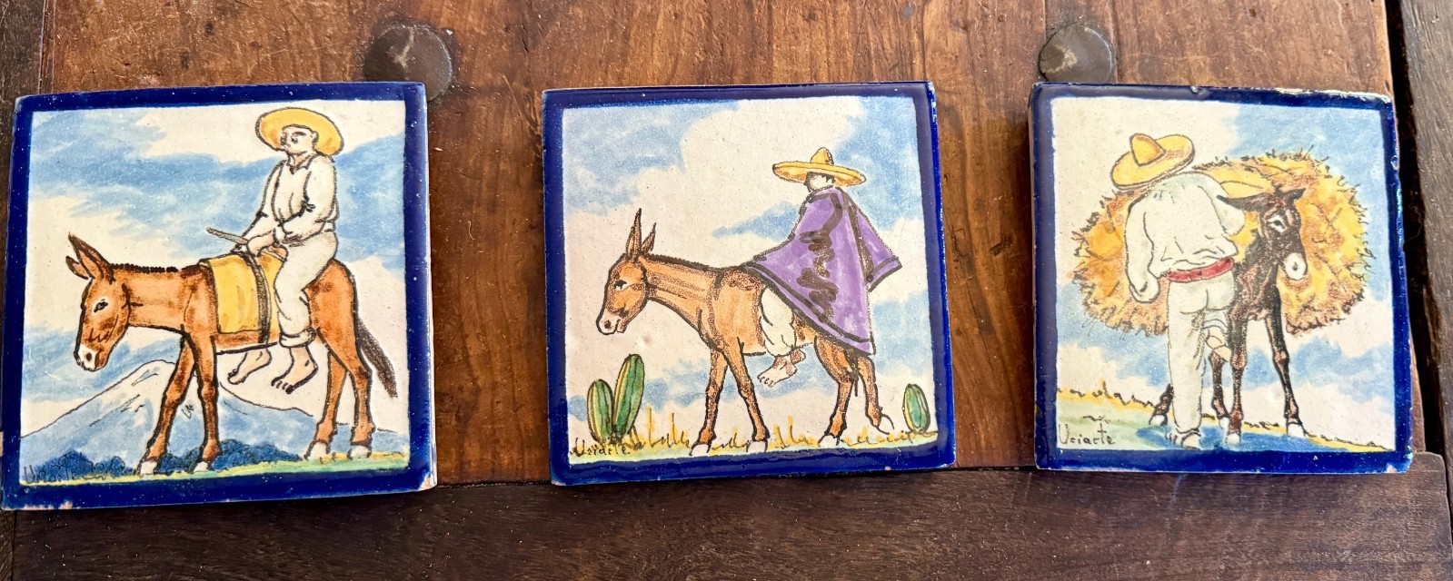 Three Vintage Uriarte Talavera Mexico Tiles Signed Three Vintage Uriarte Talavera Mexico Tiles Signed