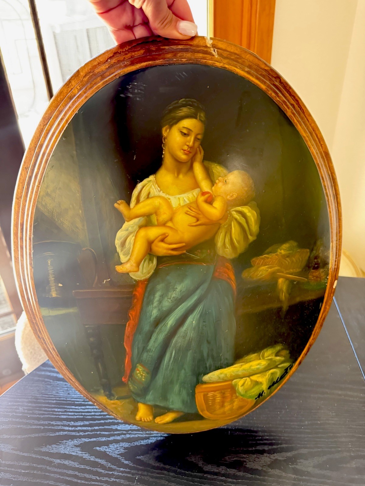 Antique Virgin Mary Hand Painted Wood Plaque Gilded Frame 19thC From Italy Sign Antique Virgin Mary Hand Painted Wood Plaque Gilded Frame 19thC From Italy Sign